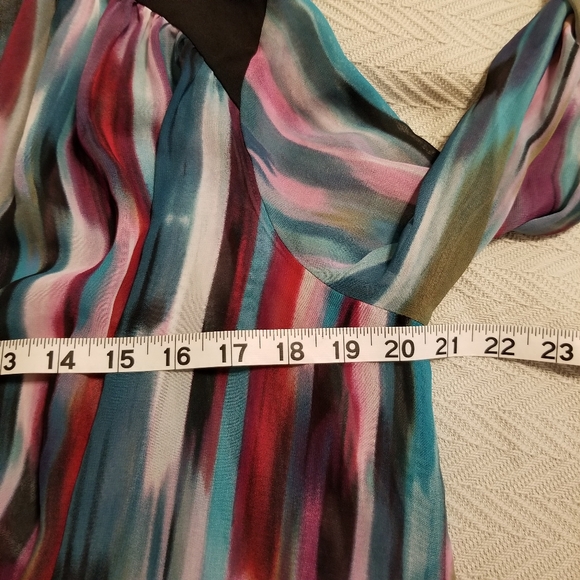 Bisou Bisou Multi Color Stripe Faux Wrap Cinched Front Long Sleeve Sheer Top - Picture 13 of 14